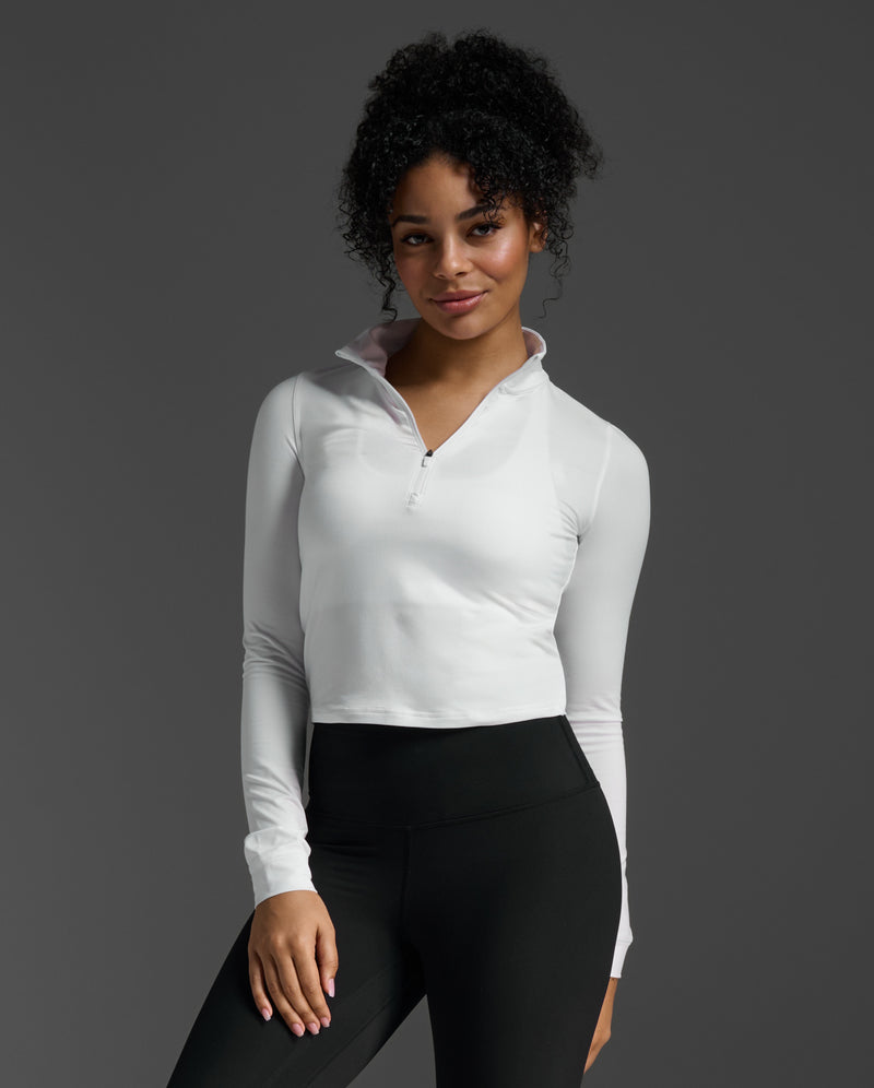 Flex Crop 1/2 Zip Long Sleeve, White/White