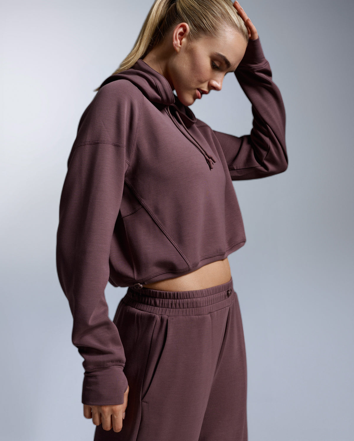Wonderluxe Sand Washed Cropped Hoodie, Currant/White